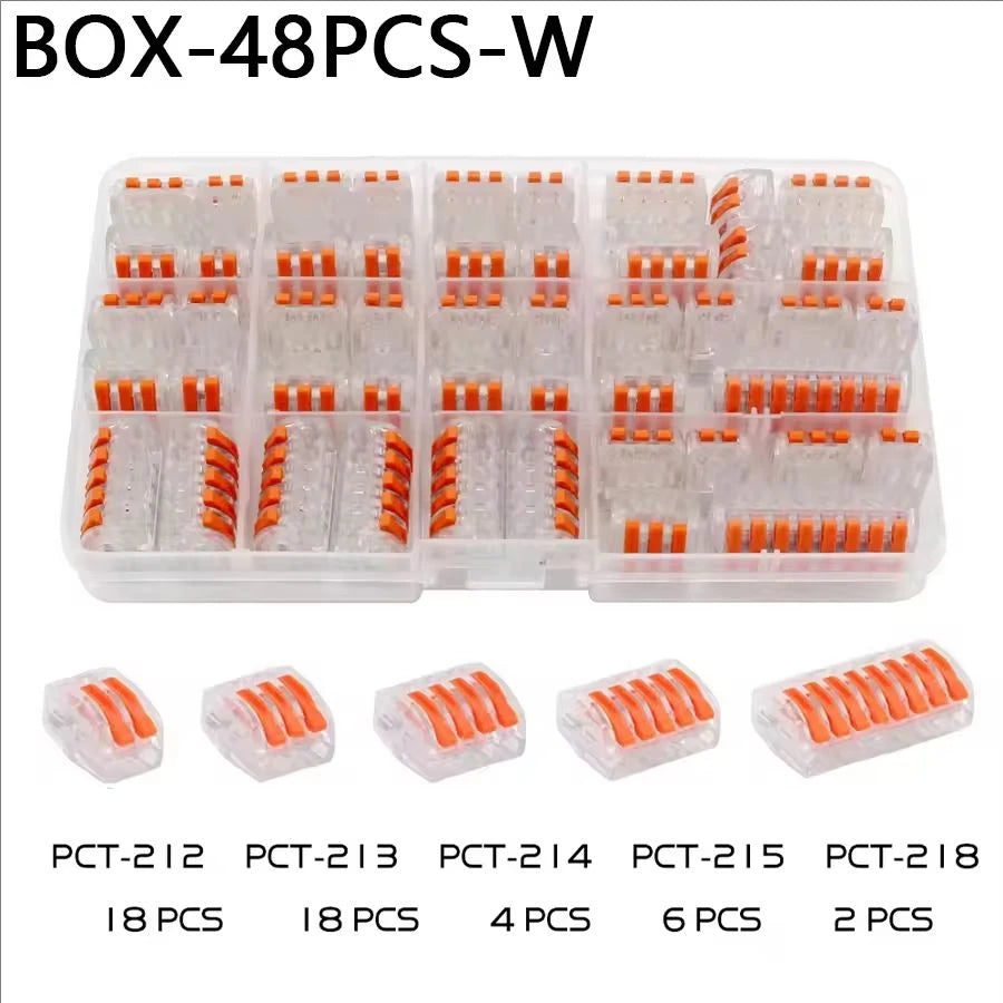 Electrical Wire Connector Set 48/62PCS 2/3/4/5/8 Port Lever Quick Splice Wire Connectors 32A 250V AWG28-12 0.08-4mm2 Storage Box