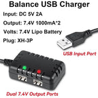 ABNR 2X 7.4V Lipo Battery Charger - RC Car Balance Chargers USB Cable 2-In-1 With XH-3P Plug 1A For 2S Batteries RC Cars