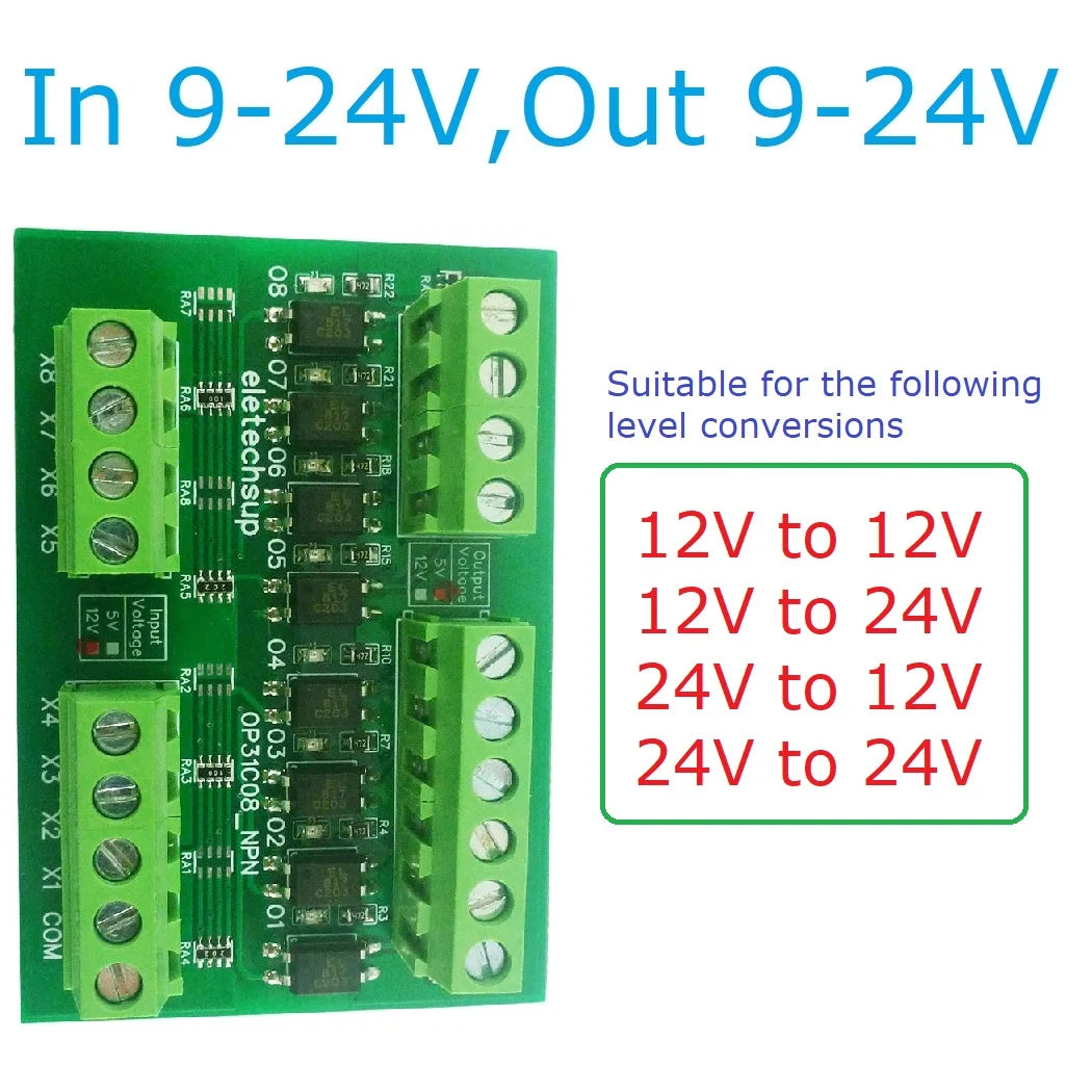 8CH Opto Isolated Level Converter Module NPN PNP 3.3V 5V 12V 24V for Arduino PLC Raspberry Pi MCU 3000V Isolation