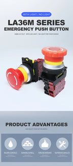 30mm LA36M Plastic Mushroom E-stop Switch Emergency Stop Push Button Switch Latching Self Locked with Red LED Light 12v 24v 220v