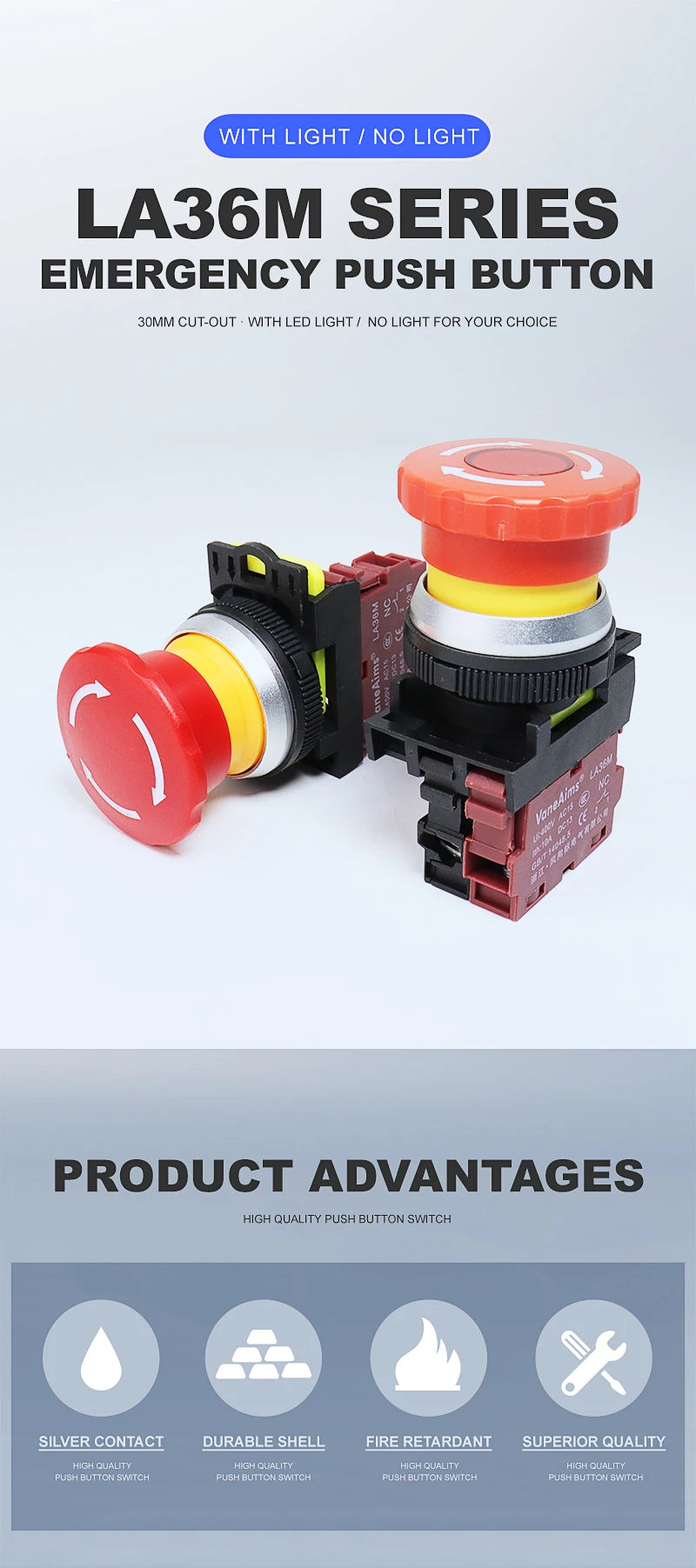 30mm LA36M Plastic Mushroom E-stop Switch Emergency Stop Push Button Switch Latching Self Locked with Red LED Light 12v 24v 220v