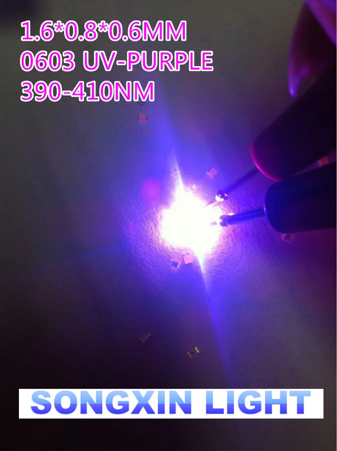 100pcs UV/purple Color 0603 SMD SMT Super Bright lamp LED lights light-emitting diodes New High quality 390-410nm 1.6*0.8*0.6mm