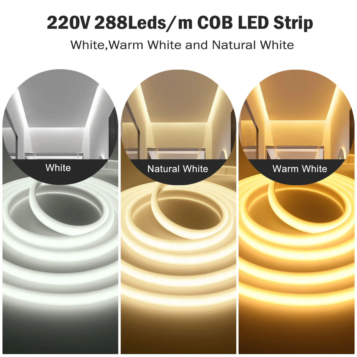 High Bright 220V 230V COB LED Milky Neon Strip Lights 288LEDs/M 3000K 4500K 6000K Waterproof Super Flexible Ribbon Tape 1-100M