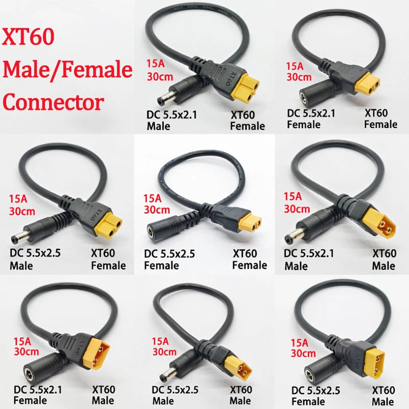 1PC High-quality XT60 Male/Female Connector To DC5.5x2.1/2.5mm Power Cord Adapter For Car Battery Charging Adapter Cord 30CM
