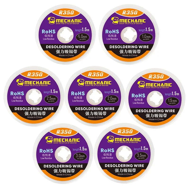 MECHANIC R350 Series Width 1.0-4.0mm Length 1.5m Solder Remove Cord Pure Copper Braid Tin Absorption Belt Single Layer Wick Wire