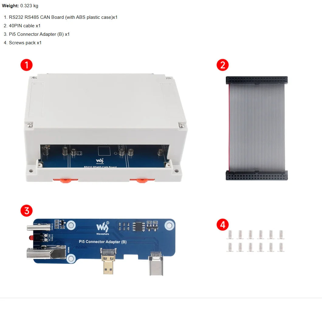 Waveshare Isolated RS232/RS485/CAN/CAN FD Expansion Board For Raspberry Pi, Expands 2x RS485, 1x RS232, 1x CAN FD, and 1x CAN