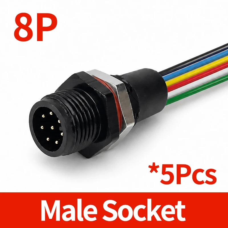 5PCS M12 IP65 Waterproof Aviation Connector 2 3 4 5 6 8 Pin Metal Panel Mount Male Plug Socket Pigtail Cable for Industrial Use