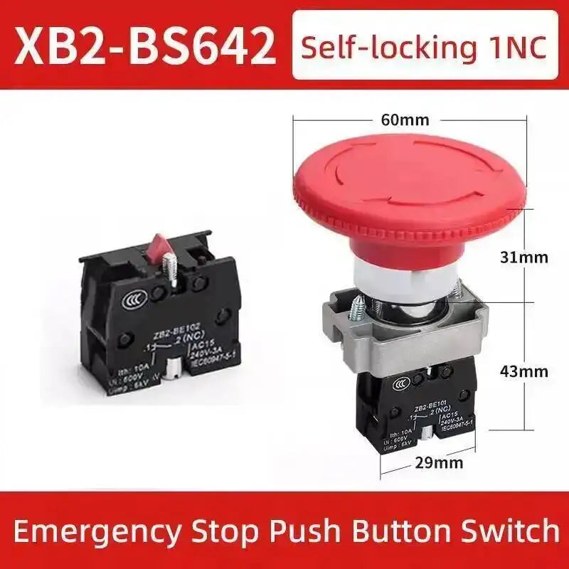 5pcs 22mm Mounting Emergency Stop Button Switch Self-locking XB2-BS545 Rotary Reset Mushroom Head NO NC Brass/Silver Contact