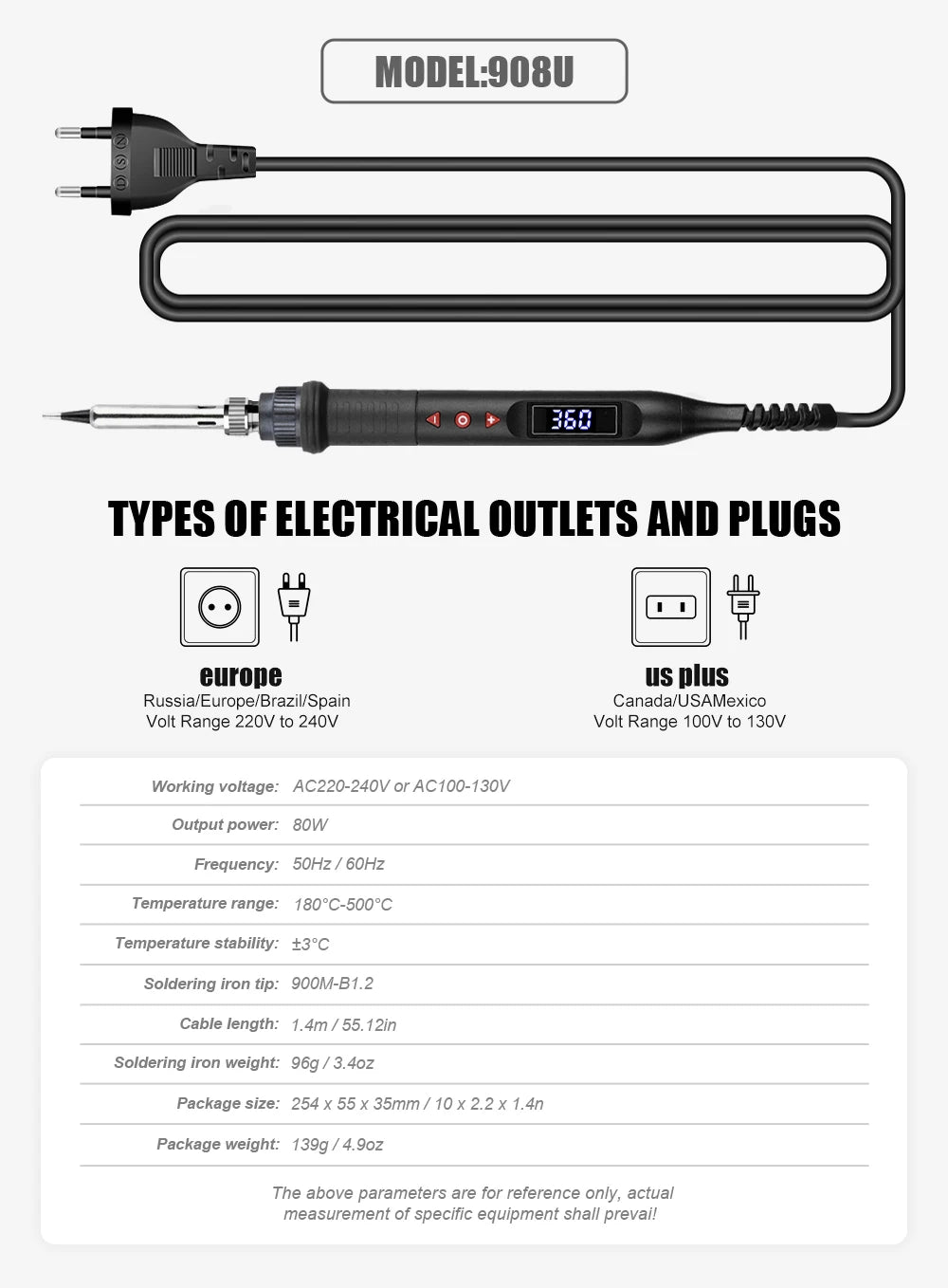 JCD 908U Soldering Iron Kit LCD Display 80W Adjustable Temperature Portable Soldering Iron 220V/110V Welding Tool