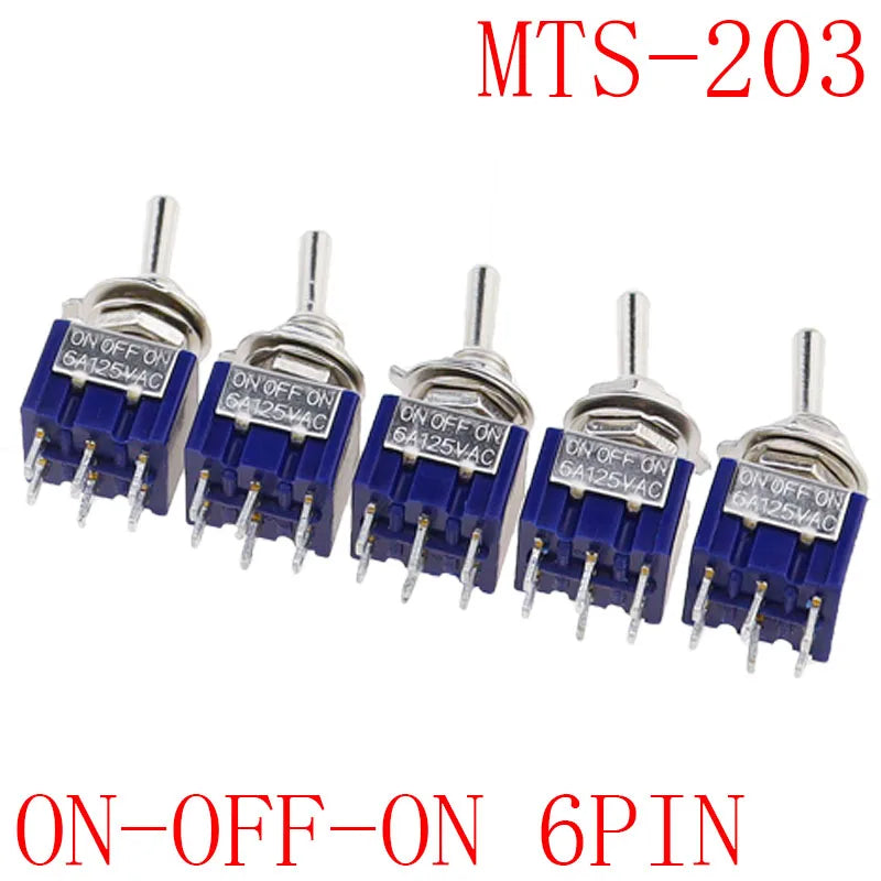 5Pcs ON-OFF-ON  ON-ON3 PIN/6PIN 2/3 Position Mini Latching Toggle Switch AC 125V/6A 250V/3A MTS-102 MTS-103 MTS-202 MTS-203