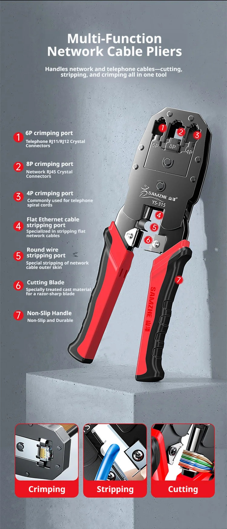 SAMZHE RJ45 Crimper Tools Crimping Pliers Ethernet Network Cable Crimper Cutter for 8P/6P/4P RJ45 RJ11 Precise Stripper Plier