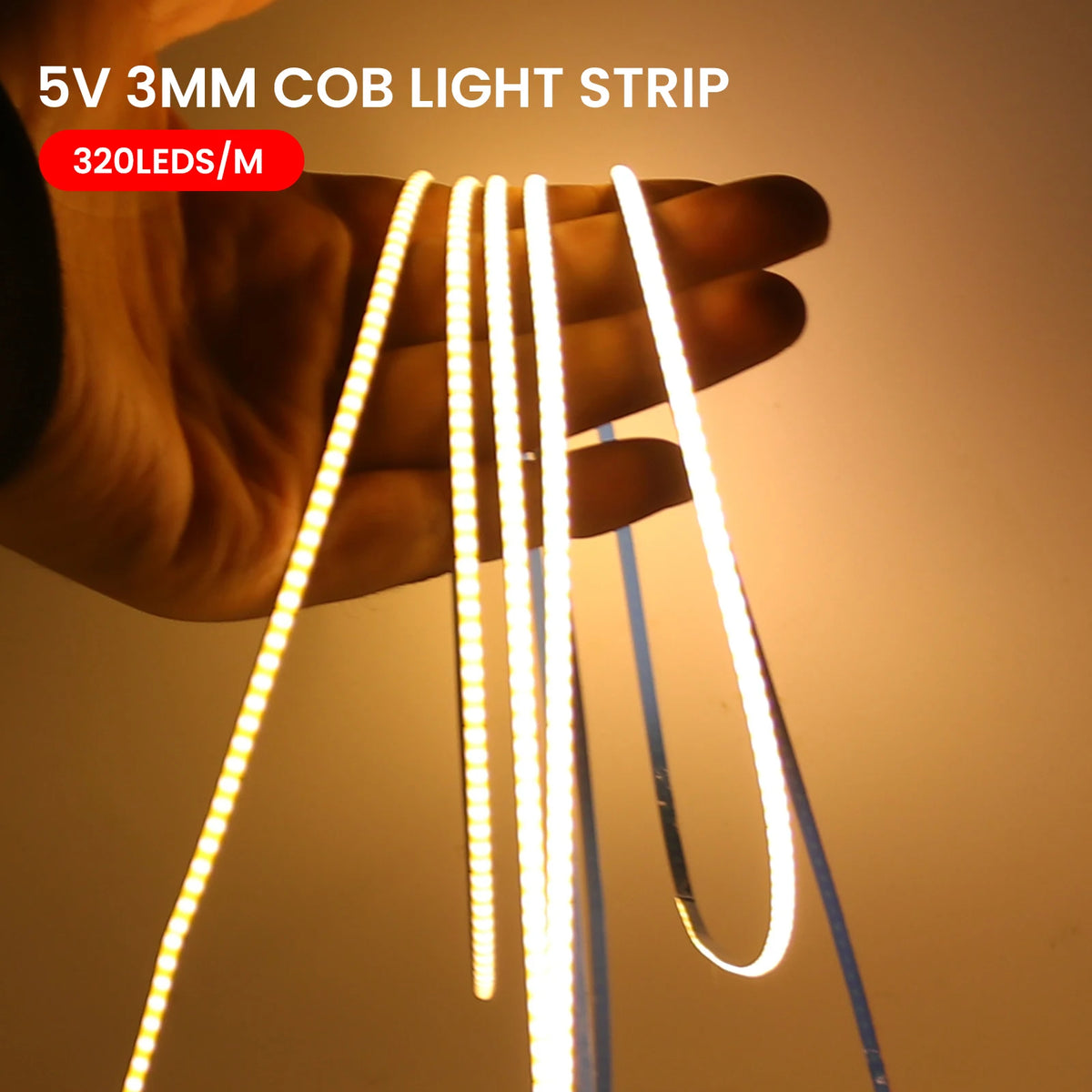 USB 3mm COB LED Strip Light 5V Flexible LED Tape with Dimmer/ON OFF Switch 320LEDs High Density Linear Lighting Backlight Decor