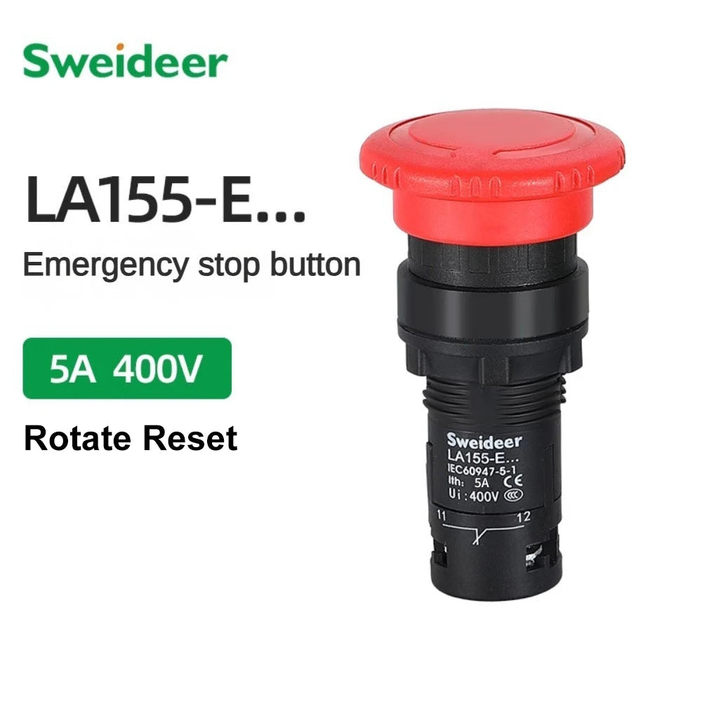 22mm Mushroom Button Switch Momentary Self Reset Emergency Stop Push Button Switch Power Start Switch with Light Red Green 5A