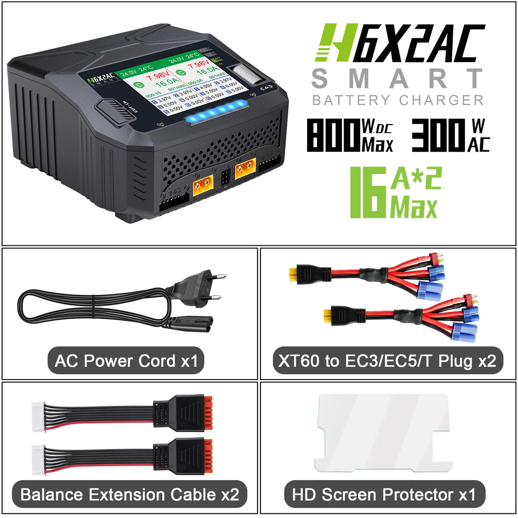 HTRC H6X2AC Dual Channel Battery Charger DC 400WX2 AC300W 16AX2 for 1S~6S Lipo Li-ion LiFe LiHV LTO NiMh RC Battery Fast Charge
