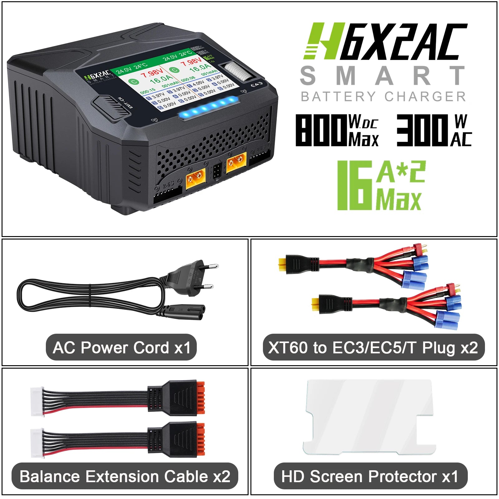 HTRC H6X2AC Dual Channel Battery Charger DC 400WX2 AC300W 16AX2 for 1S~6S Lipo Li-ion LiFe LiHV LTO NiMh RC Battery Fast Charge