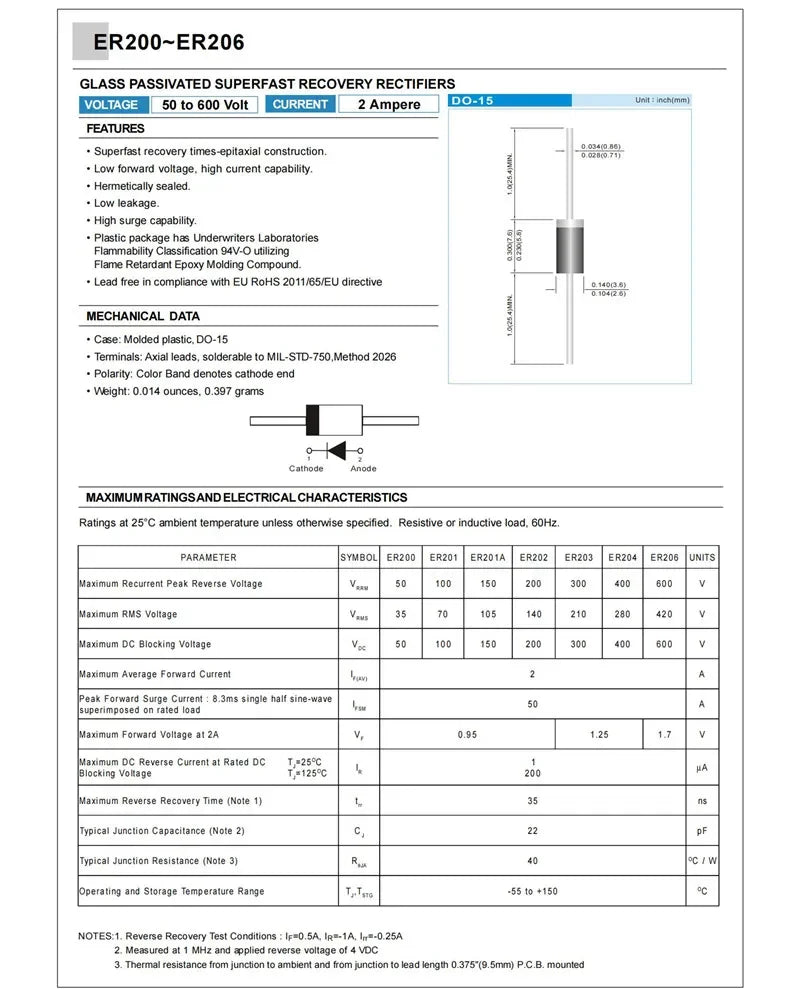 20PCS ER202 ER204 ER206 ER302 ER304 ER306 ER502 ER504 ER506 2A 3A 5A 200V 400V 600V Super Fast Recovery Rectifier Diode