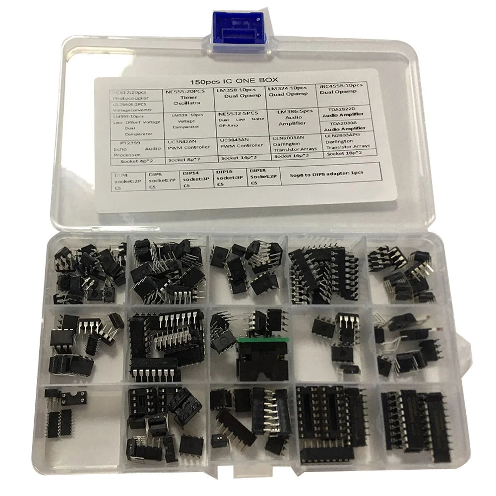IC Chip Assortment 150Pcs,Opamp,Oscillator,Pwm,PC817,NE555,LM358,LM324, JRC4558,LM393,LM339,NE5532 Incl. Sockets Multi-Purpose