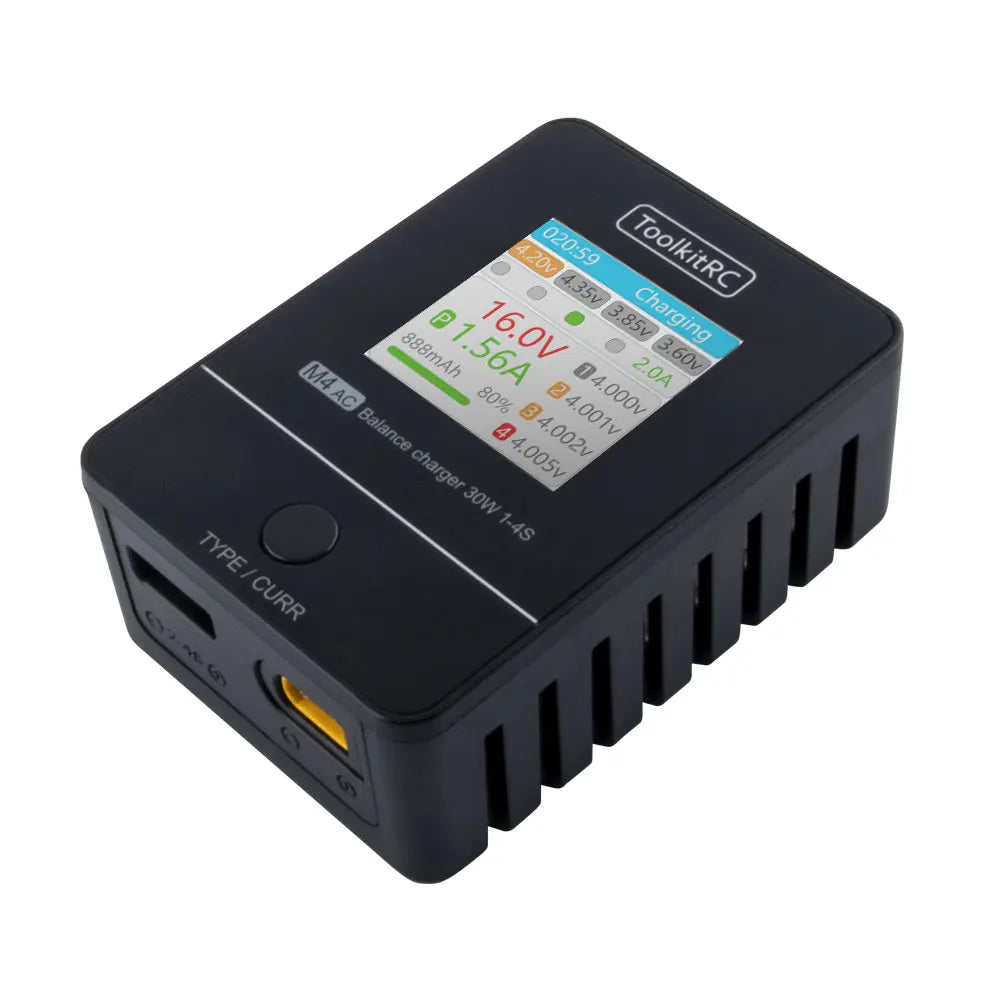 ToolkitRC M4AC 30W LiPO LiFE LiHV Compact AC Charger 1-4S XT60 Interface for RC Model FPV Racing Freestyle Drone Batteries