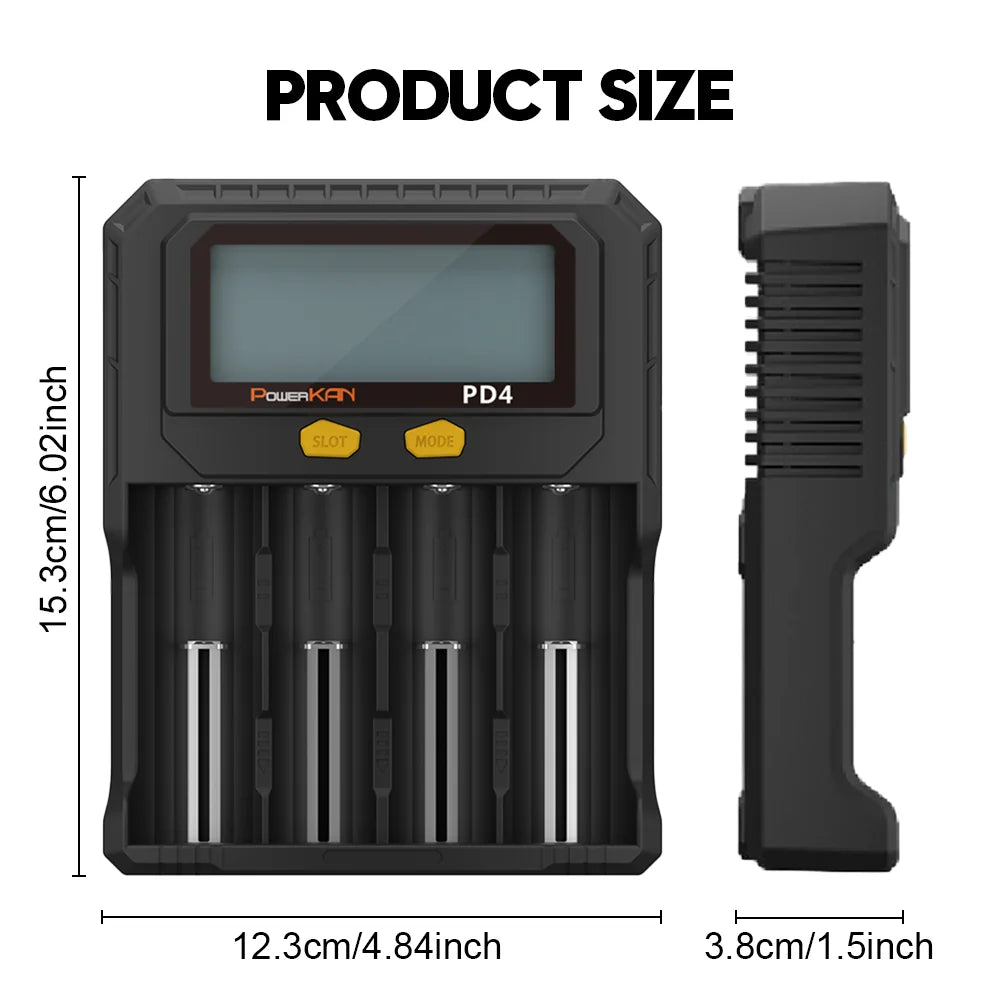 POWERKAN PD4 Smart Battery Charger with LCD Display Capacity Test for 18650 21700 26650 Li-ion Ni-MH Rechargeable Batteries