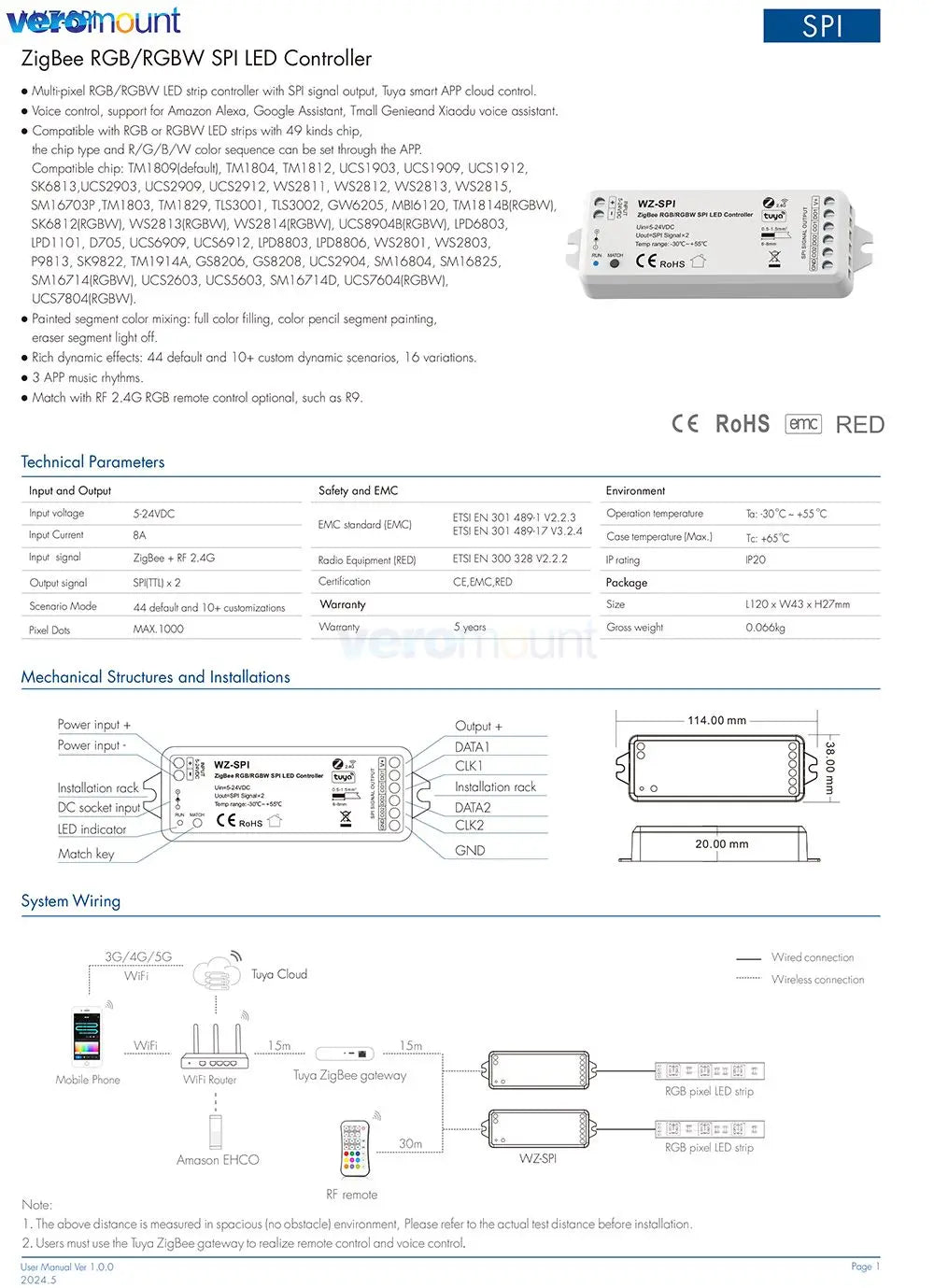 Skydance WZ-SPI Tuya Zigbee SPI Controller for RGB RGBW Pixel LED Strip RF Remote Control WS2811 2812 Addressable Tape 5V-24V DC