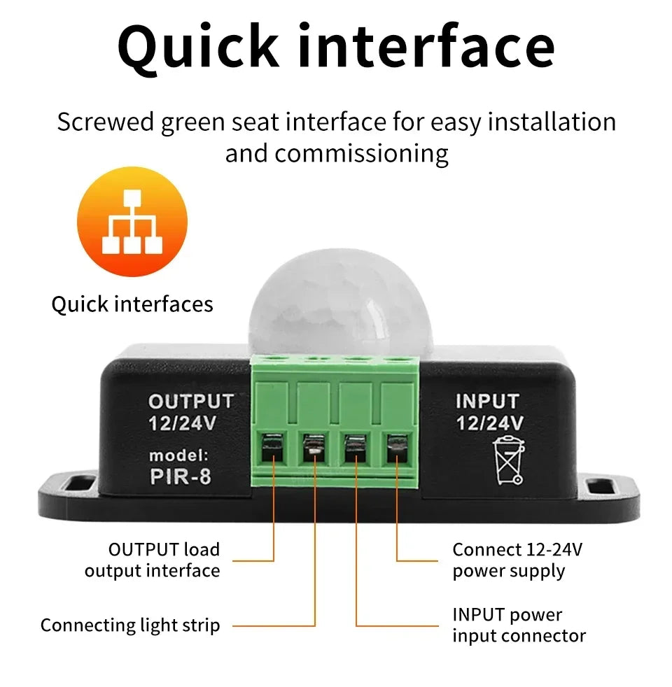 DC 12-24V PIR Motion Sensor Switch - Adjustable Delay Infrared Human Detection Ideal for LED Lights and Wardrobe Strip