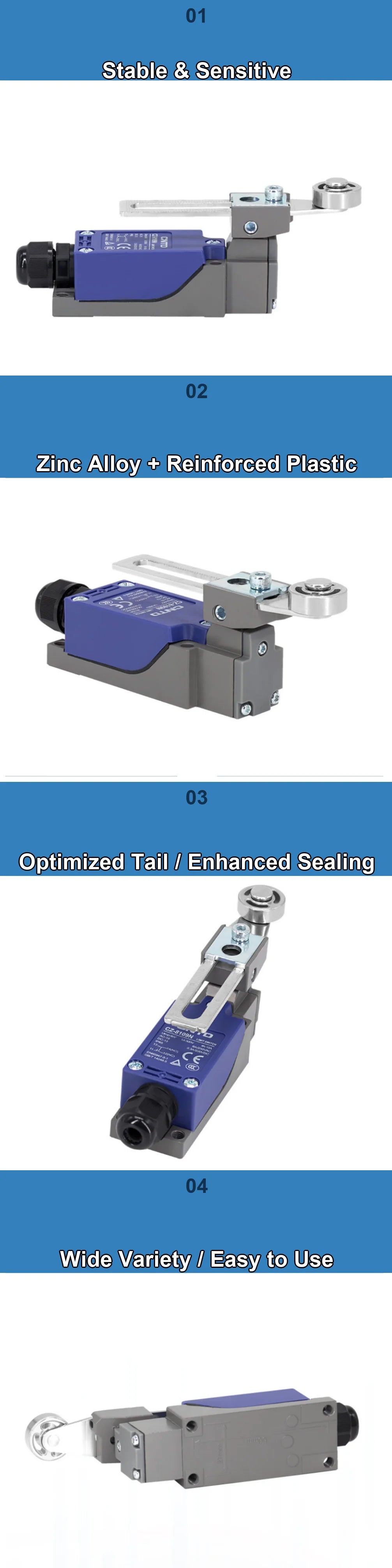 CNTD CZ-8109N Limit Switch Roller Rocker Arm Self Reset IP65 10A 250V SPDT Position Sensor for CNC Machine Industrial CE CCC
