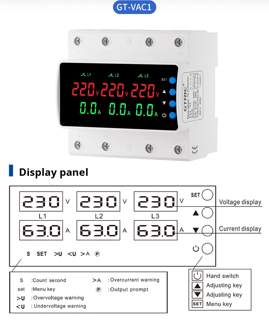 GTRIC Over Under Voltage Protection Device Three-Phase 380V AC Undervoltage Protection 63A Current and Voltage Protection Relay
