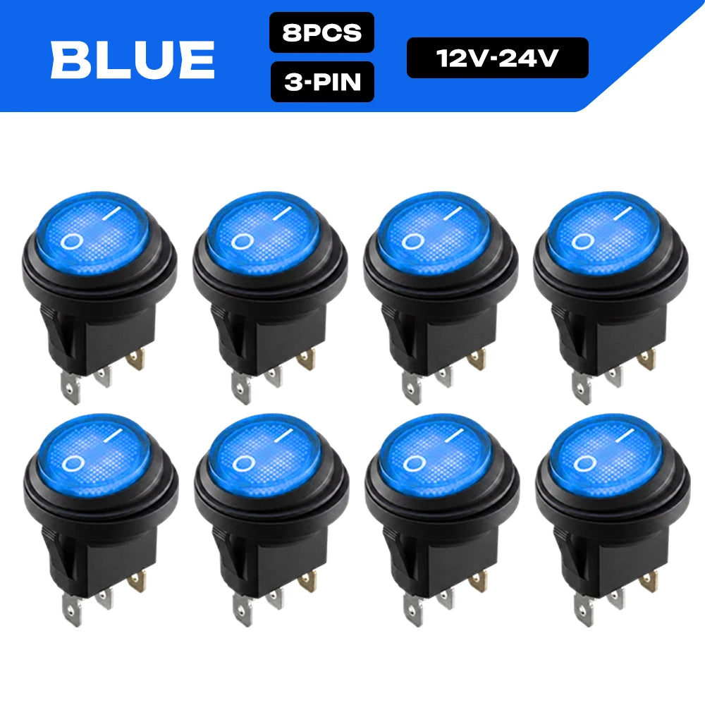 FILN 8PCS 12V 24V 110V 220V Waterproof Rocker Switch 3 Pin LED Lighted ON-OFF Round SPST Toggle Switch for Car Boat Marine PA66