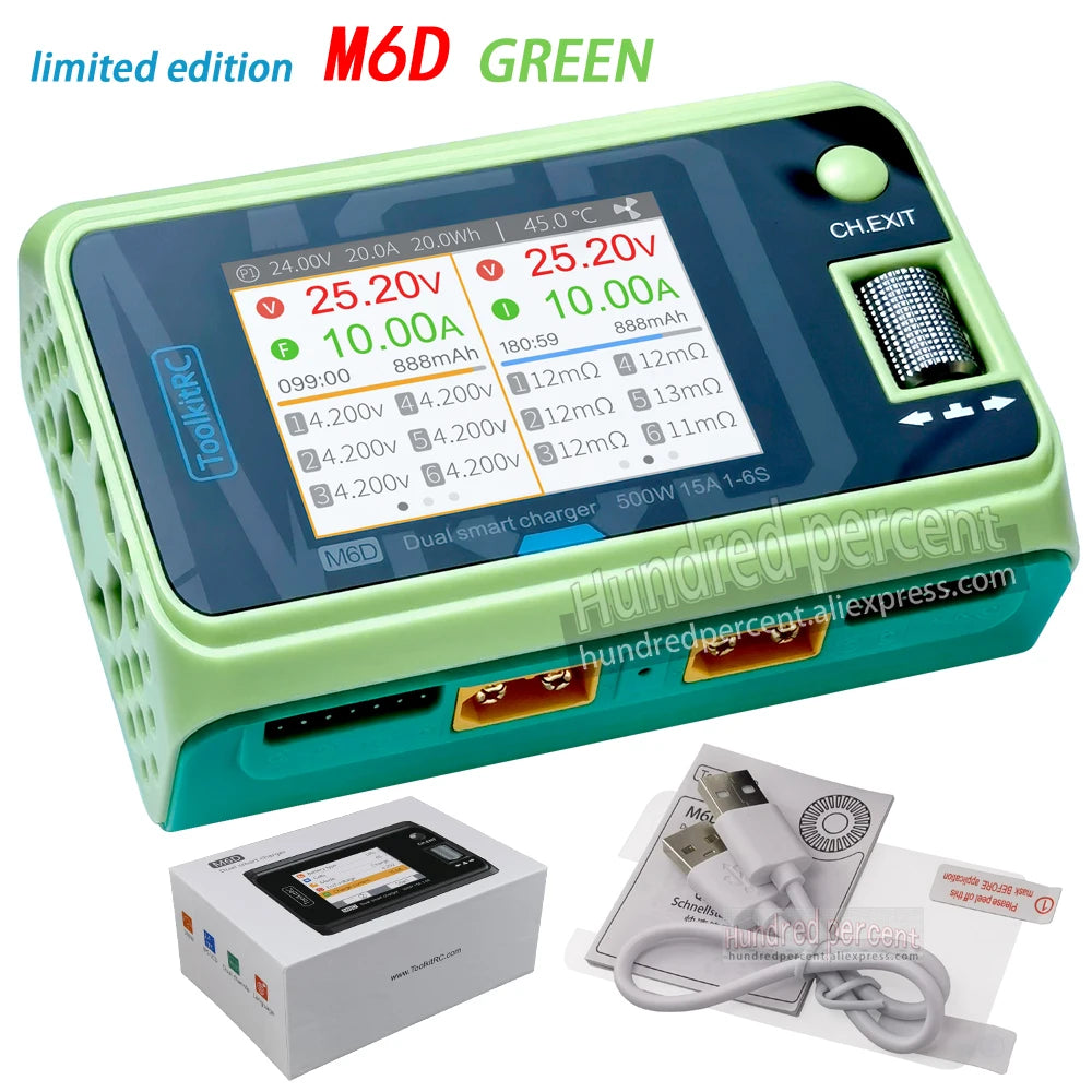 ToolkitRC M6D Green Purple 500W 15A DC Dual Channel Smart Charger Discharger For 1-6S Lipo Battery FPV Model Spare Part Replace
