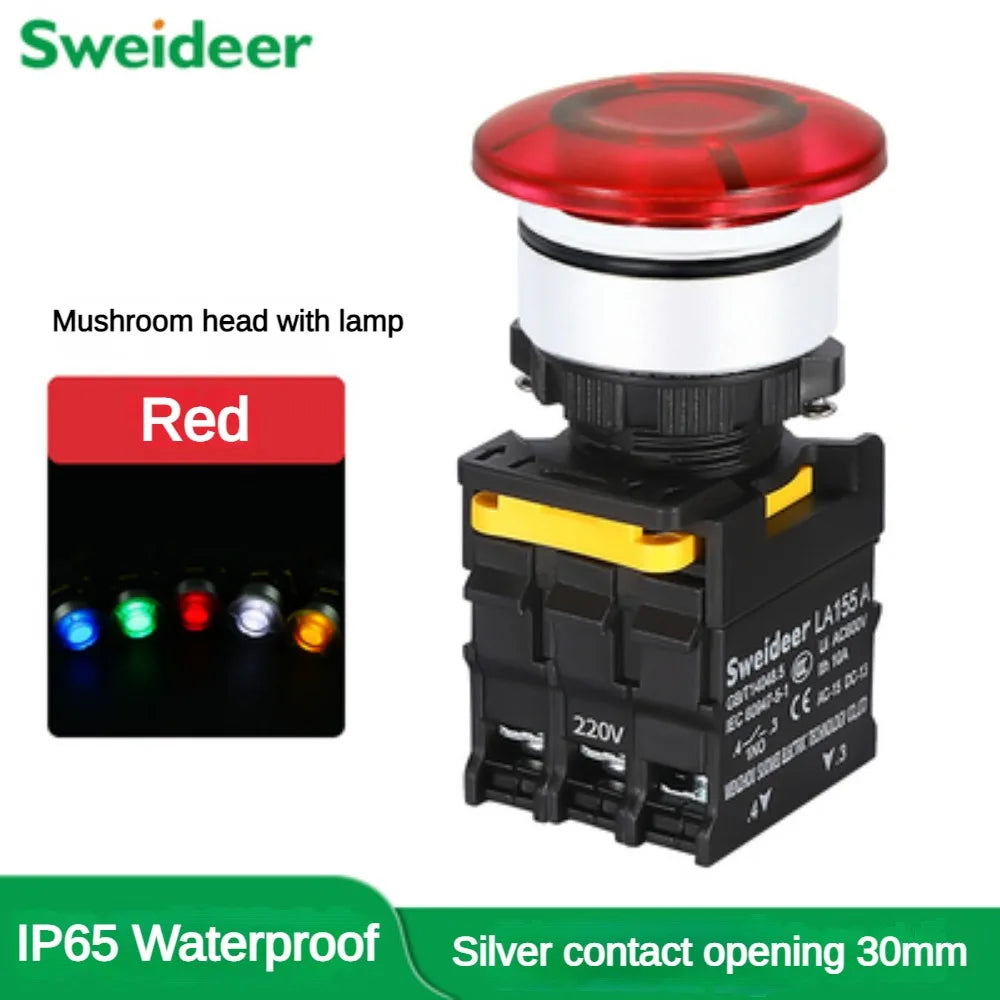 30mm Mushroom Button Switch with Light Waterproof Momentary Reset Self Locking Power Push Button Switch 12V 24V 220V 1NO 1NC Red