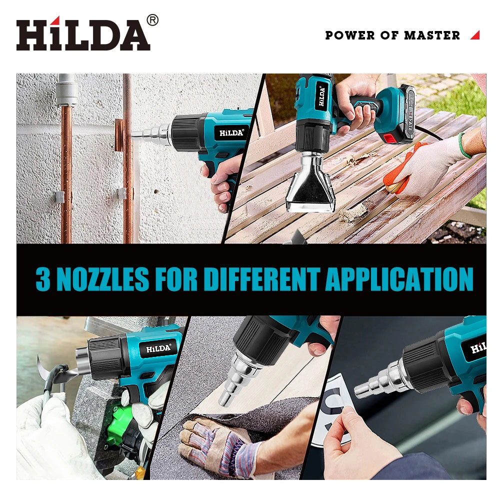 HILDA 21V Handheld Hot Air Gun Temperature Rechargeable Cordless for Makita Battery Electric Heat Gun with Nozzles