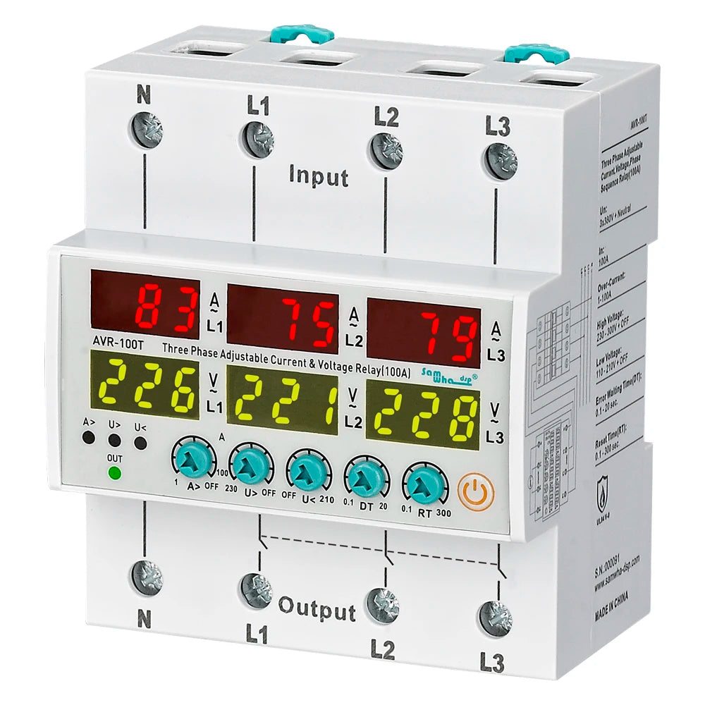Samwha-Dsp AVR-XXTF 3x380V+Nuetral Over-current And Voltage Protection Relay 63A,80A,100A