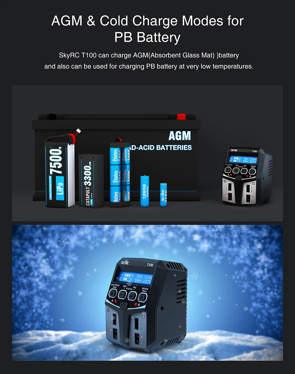 SKYRC T100 AC Lipo Battery Balance Charger Dual 5A 2X50W for 2-4S NiMH / NiCd / LiPo / LiFe / Lilon / LiHV  RC Car Charger