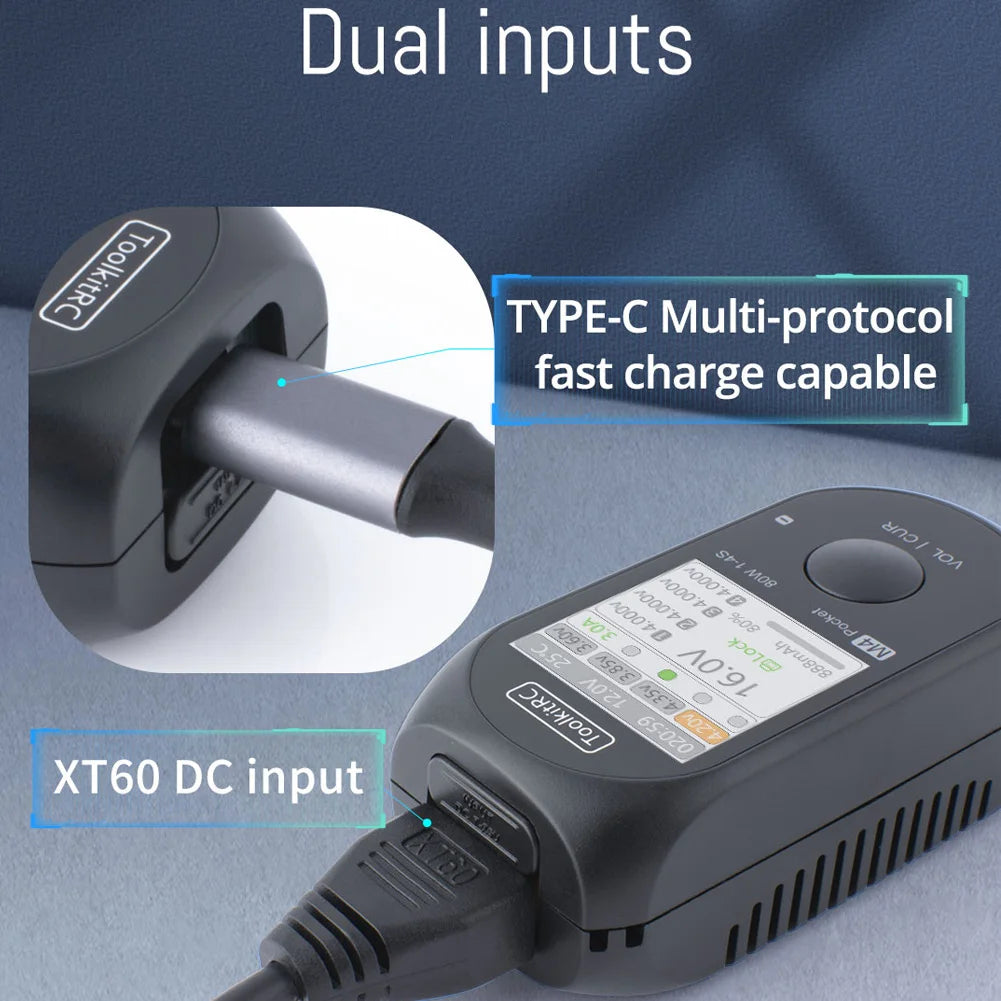 ToolkitRC M4 Pocket Balance Charger DC 80W 5A XT30 XT60 Input USB-C Input/Output Charger for 1-4S LiPo Battery