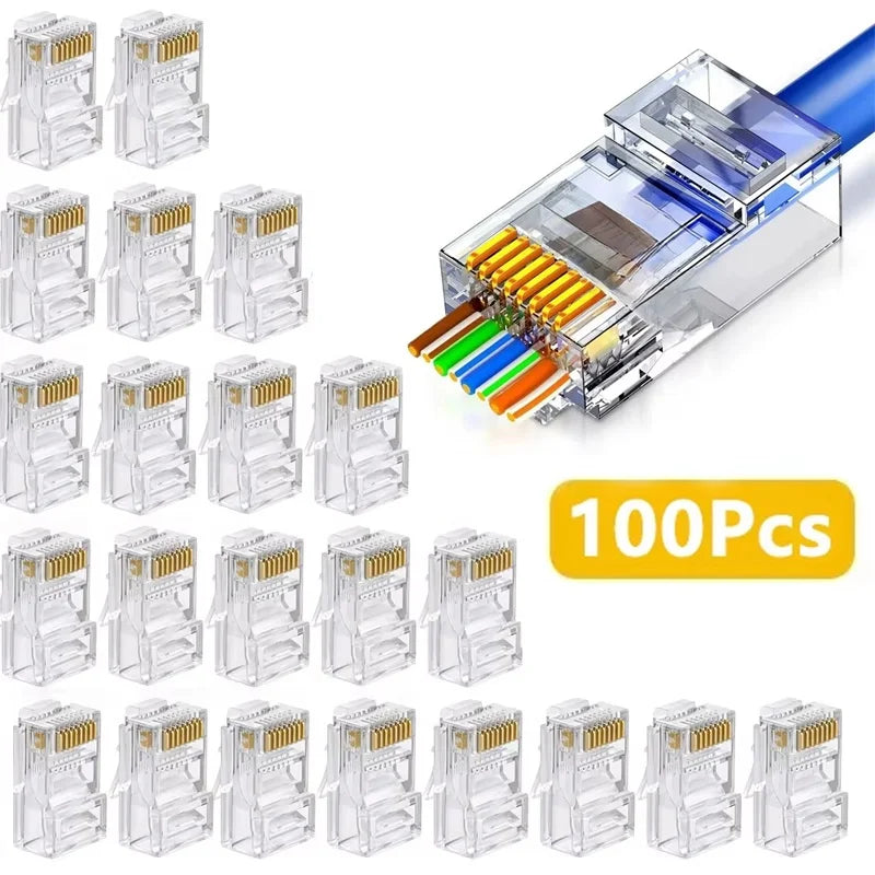 100 Pcs RJ45 Connector CAT6 CAT5e Pass Through Connectors Crystal End Connector Network Unshielded RJ45 Perforated Crystal Head
