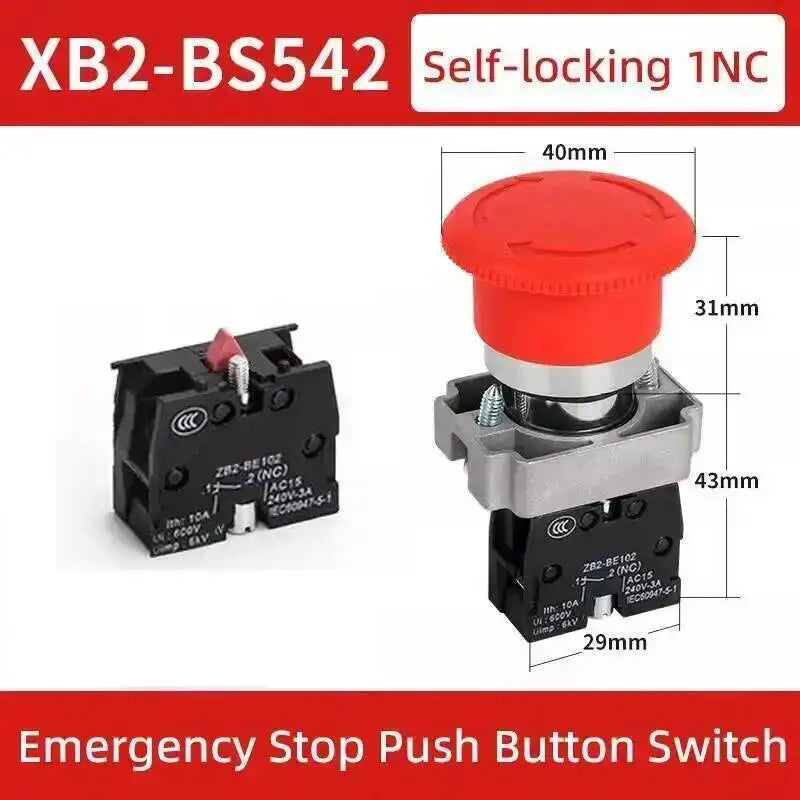 5pcs 22mm Mounting Emergency Stop Button Switch Self-locking XB2-BS545 Rotary Reset Mushroom Head NO NC Brass/Silver Contact