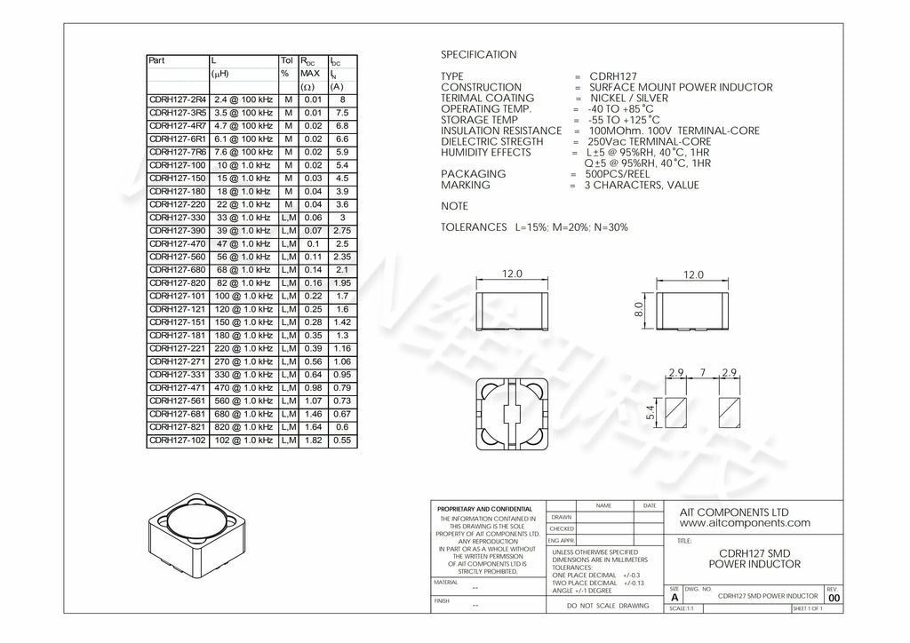 20PCS/Lot  SMD Power Inductors CD127 12*12*7MM 2.2UH 3.3UH 4.7UH 6.8UH 10UH 22UH 33UH 47UH 68UH 100UH 150UH 220UH 470UH
