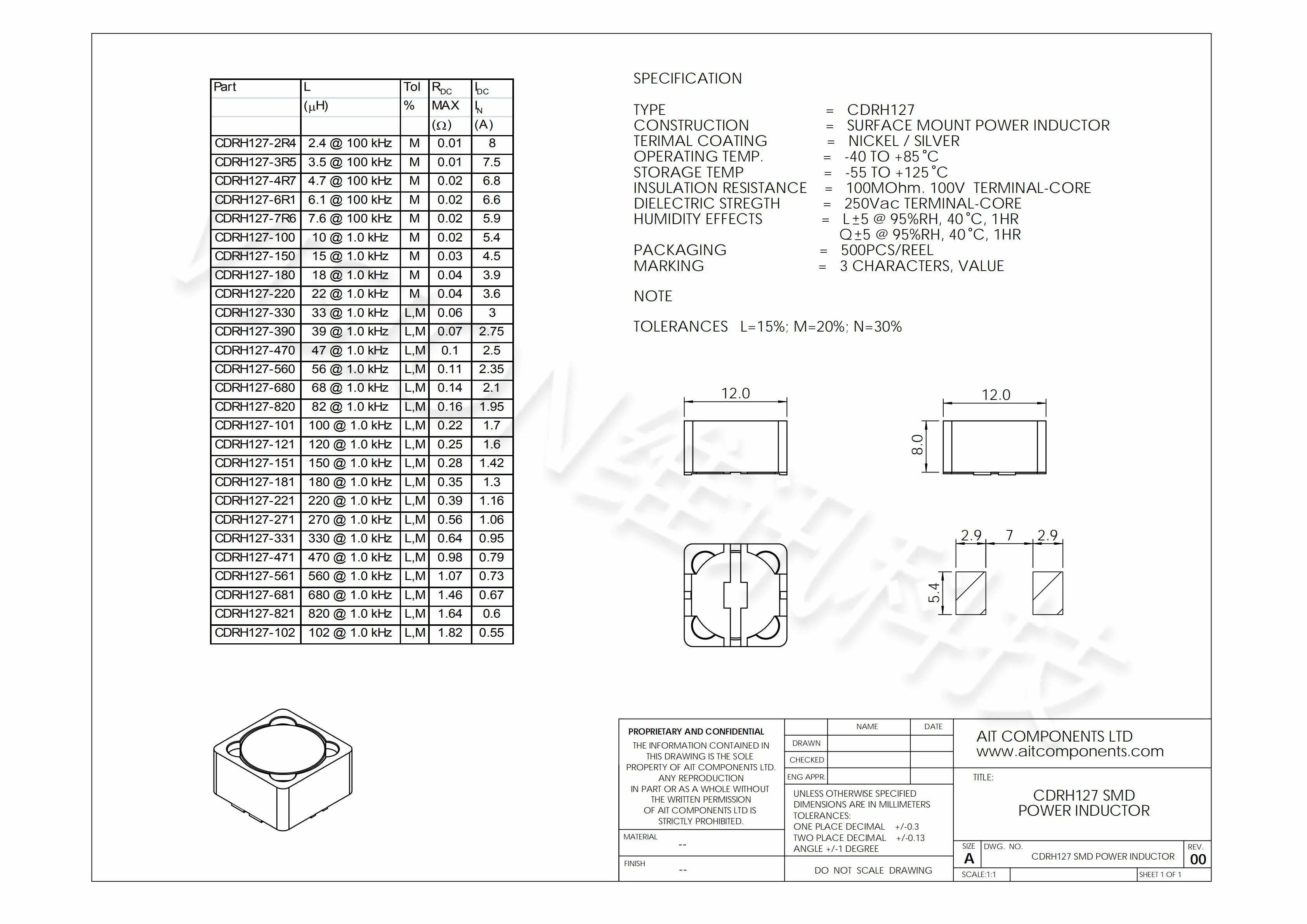 20PCS/Lot  SMD Power Inductors CD127 12*12*7MM 2.2UH 3.3UH 4.7UH 6.8UH 10UH 22UH 33UH 47UH 68UH 100UH 150UH 220UH 470UH