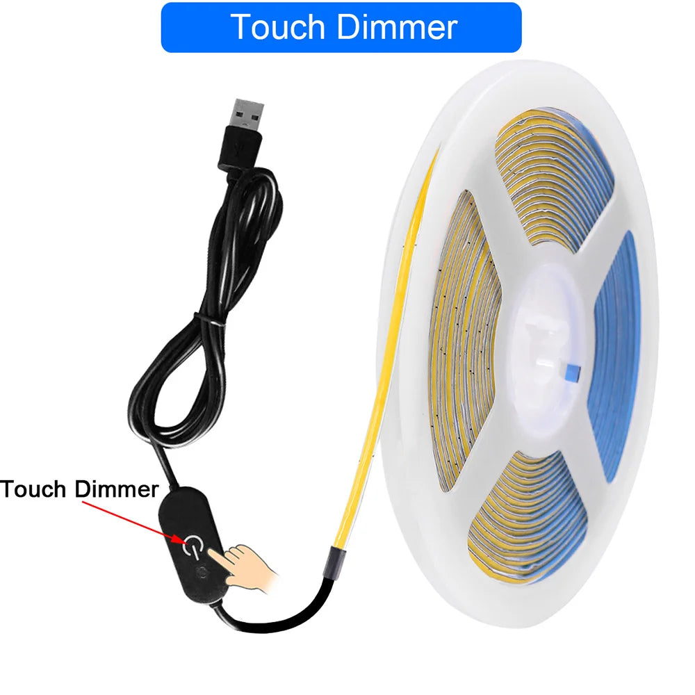 5V USB 3mm PCB COB LED Strip Light with Switch Dimmer Remote Control 320 LEDs High Density Linear Lighting Flexible Tape Lamp