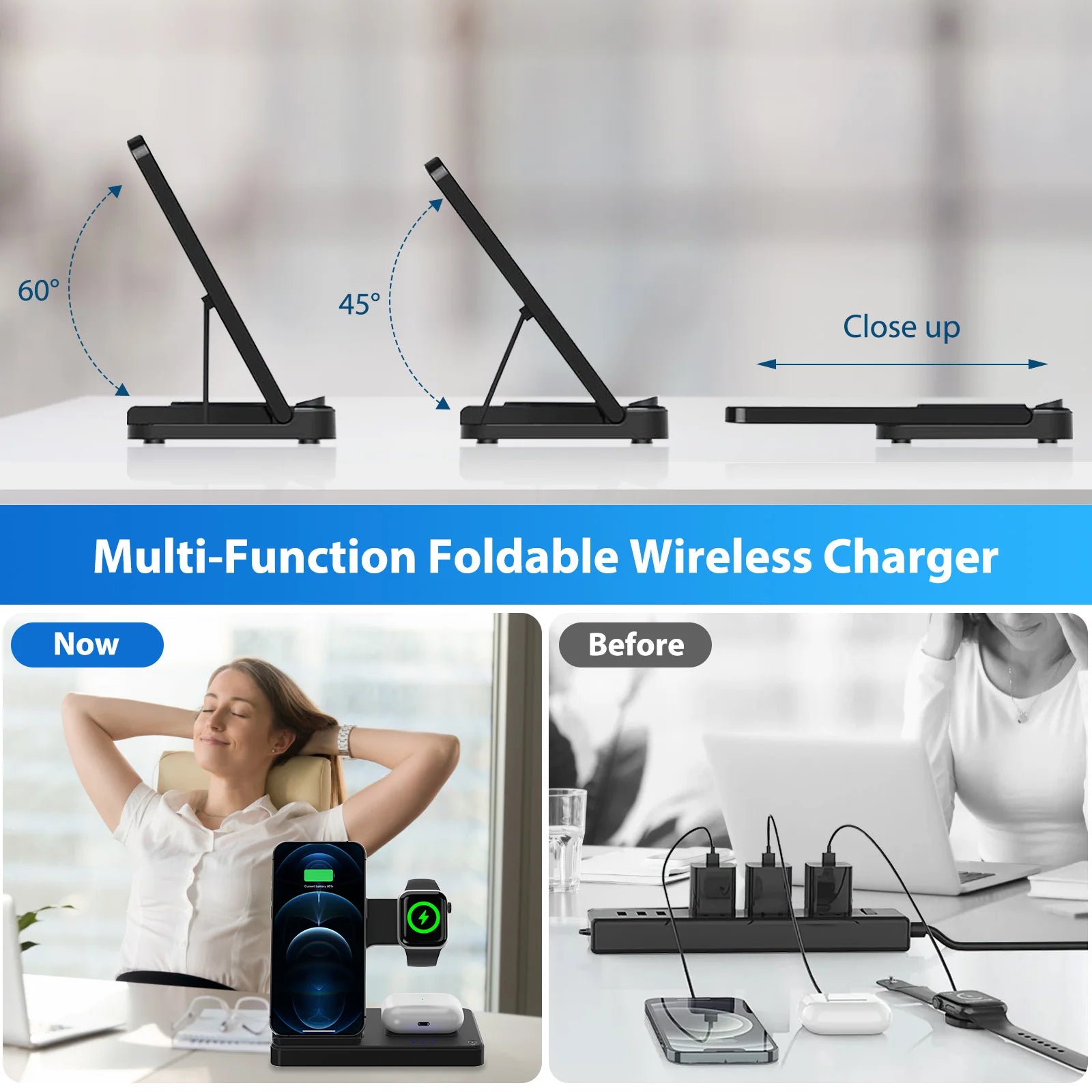 15W Magnetic Wireless Charger 3 In 1 Fast Charging Station Travel Foldable for Magsafe iPhone 1716/15/14 Apple Watch AirPods Pro