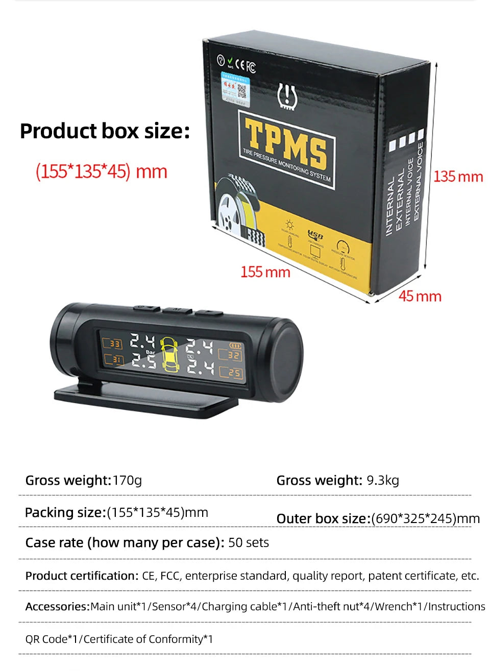 E-ACE 4 Sensors TPMS Removable Battery Wireless Intelligent Sensing Tire Pressure Monitor System Safety Alarm LCD Display