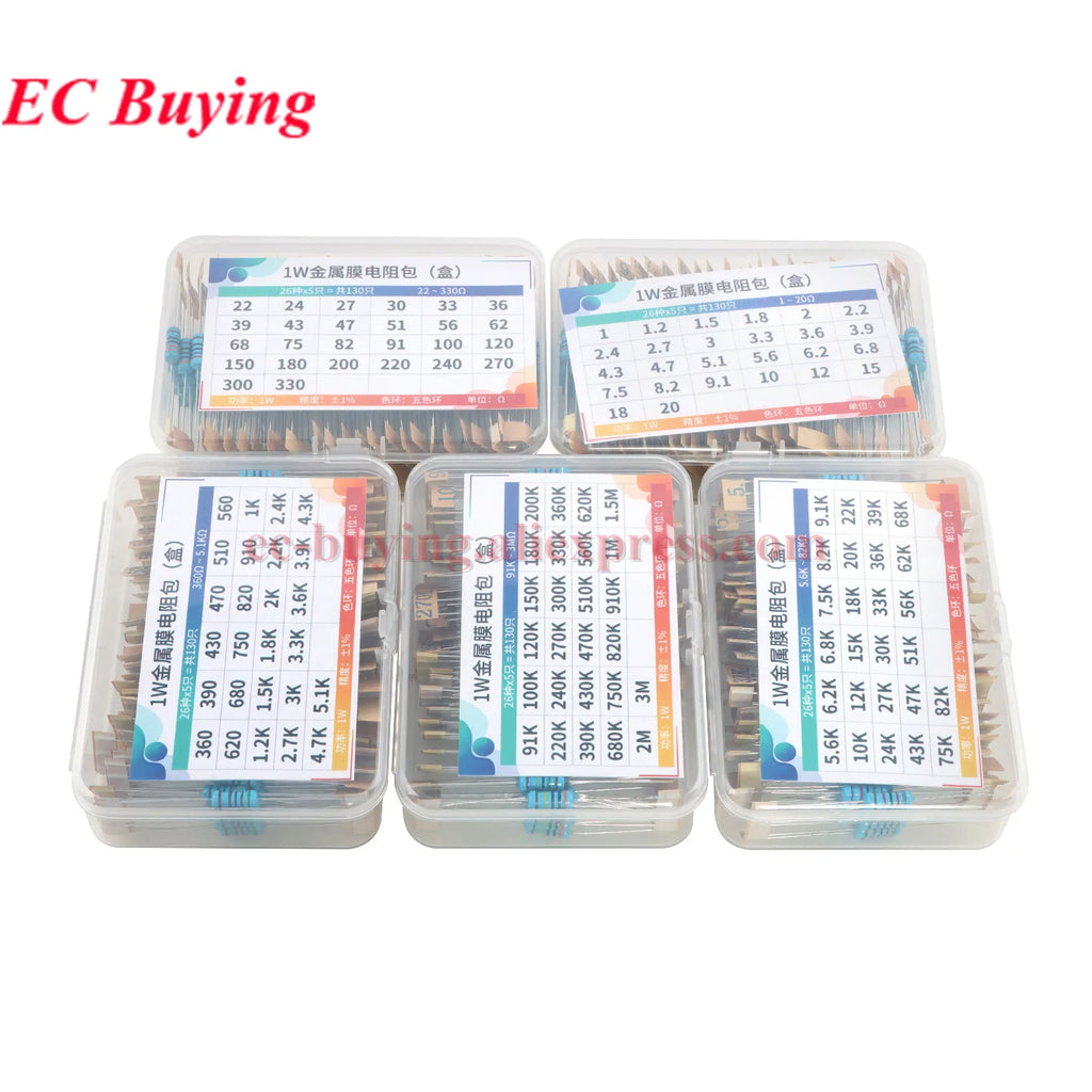 2600Pcs/150pcs 1/4W 1/2W 1W 2W 3W 5W Metal Film Resistor Assortment Kit 1% 0.25W 0.5W Resistance Set Electronic Components Kits