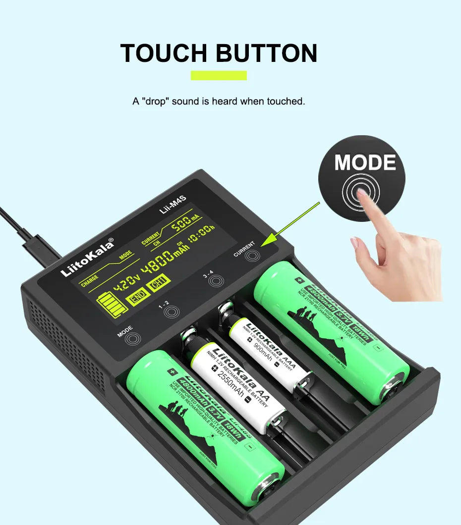 LiitoKala for 18650/26650/AA/AAA Li-ion/Ni-MH LCD Display Safe Fast Charging Lii-M4/M4S 4-Slot Smart Charger