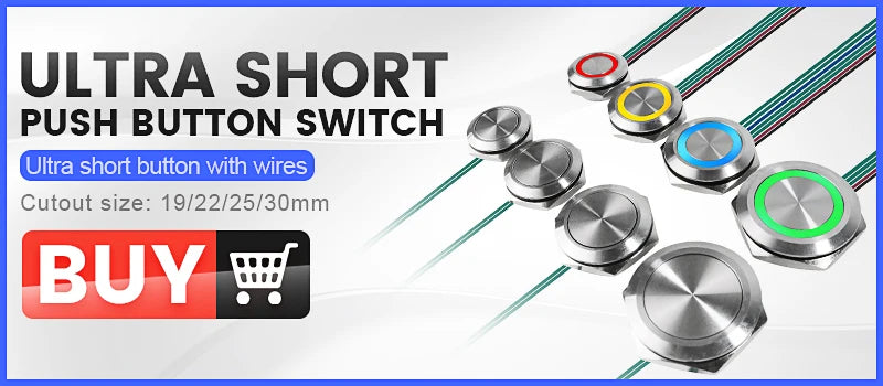 Custom Wiring Ultra Short LED Light Switch 12V 220V Momentary Waterproof IP65 Metal Push Button 19/22/25/30mm without Fixation