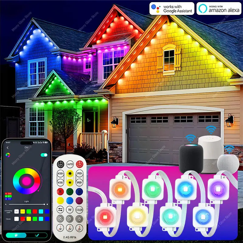 180 LEDs Permanent Outdoor Eaves String Lights, Smart App-Controlled RGB IC Colors, IP67 Waterproof, Suitable for Christmas, Gardens, Courtyards, Parties, and Christmas Decorations—Eaves String Lights