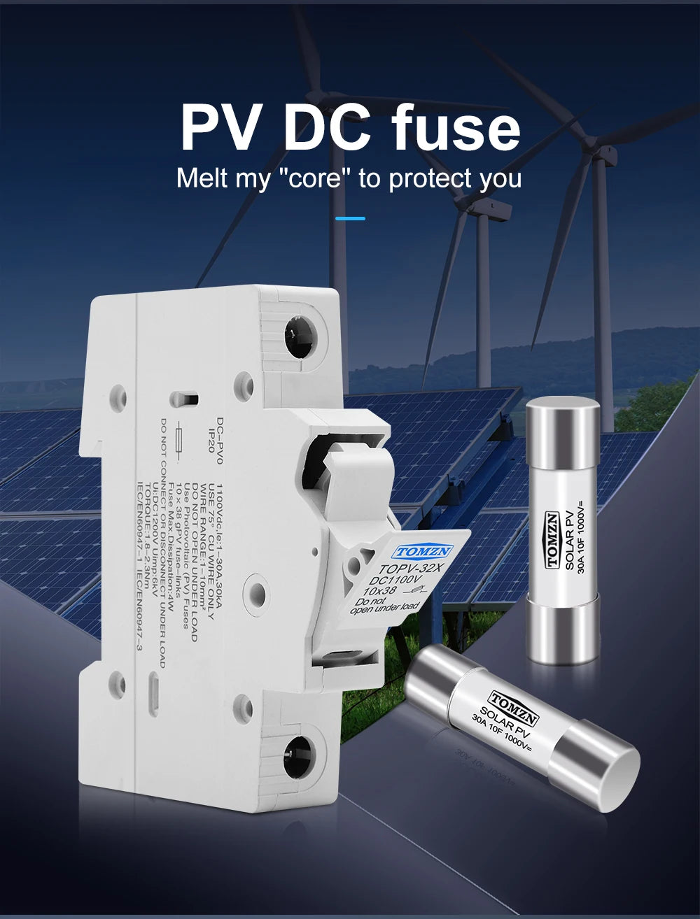TOMZN 1P 2P DC Fuse Holder 10*38mm High Voltage Solar PV 1100V TOPV-30 Base Photovoltaic System Protection Protector GPV