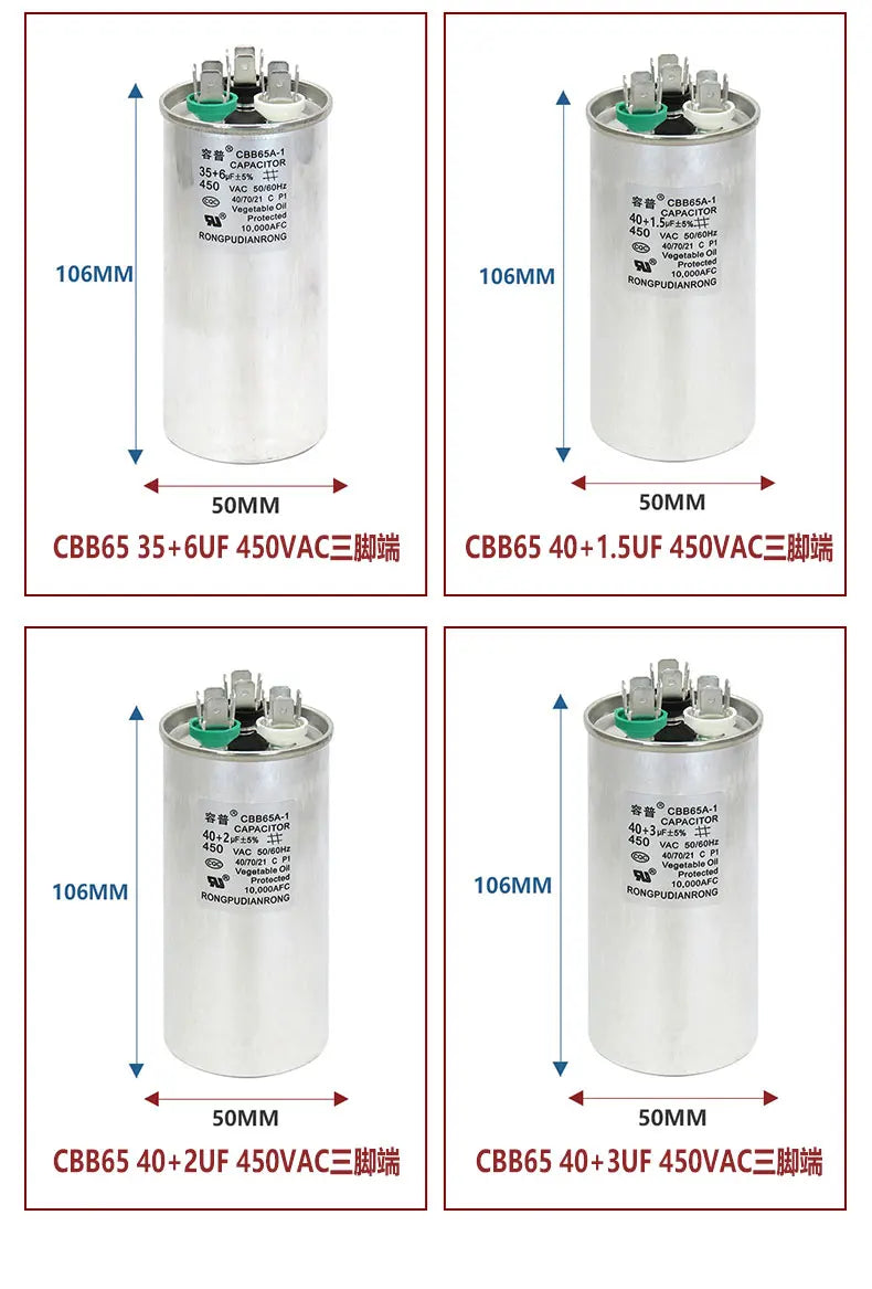 1.5P Air Conditioning Capacitor 25+1.5UF 25+2UF 30+3UF 35+2.5UF Air Conditioning Compressor Capacitor