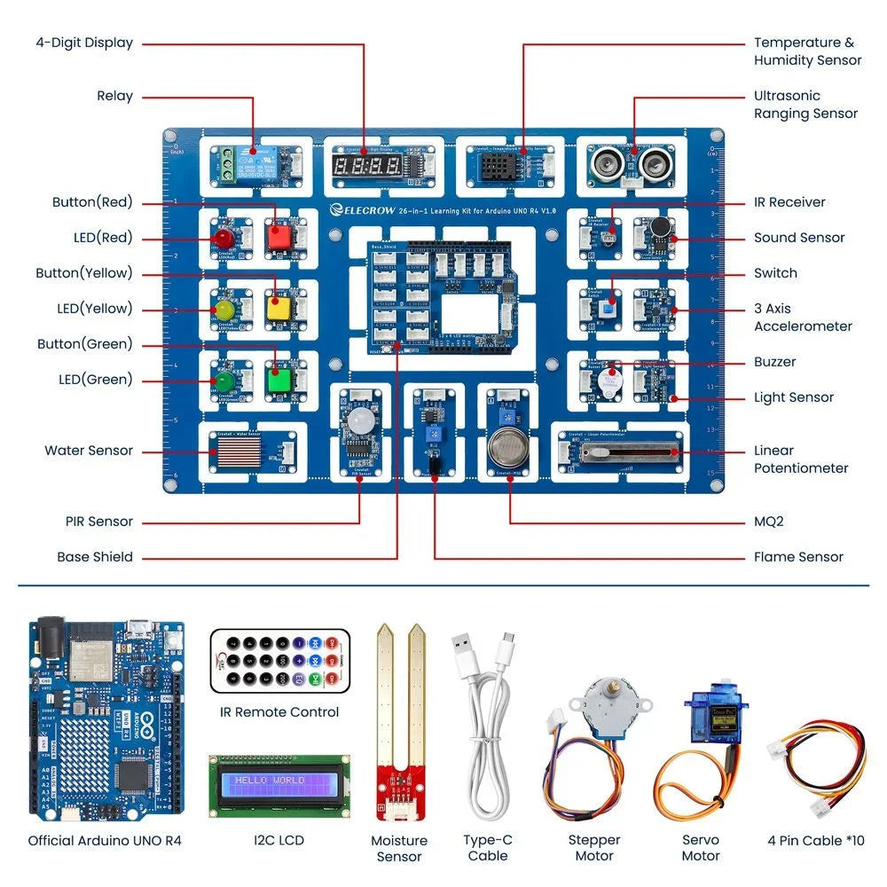 Elecrow 26-in-1 Learning Kit for Arduino UNO R4 Wi-Fi board, with 26 lessons, Support BLE DIY Electronic Kit