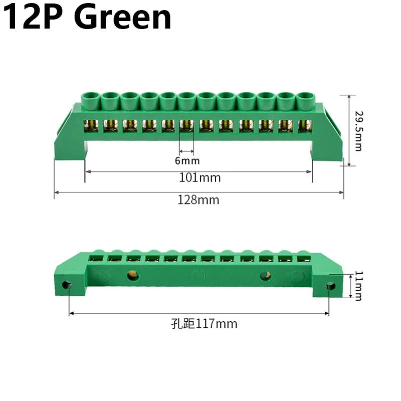 Blue White Green Bridge Design Zero Line 4-12 Pole Screw Brass Copper Grounding Strip Terminal Block Connector Earth And Neutral