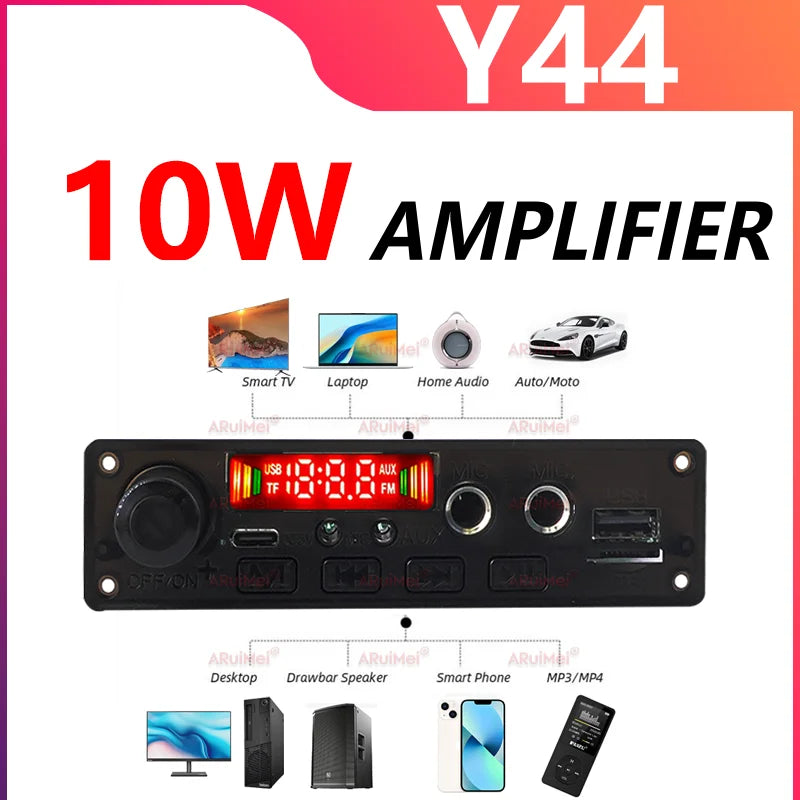 10W Low Voltage Amplifier Board Bluetooth 5.0 MP3 Decoder 3.7V-5V with USB/TF/FM Recording Call for Car Audio DIY Projects